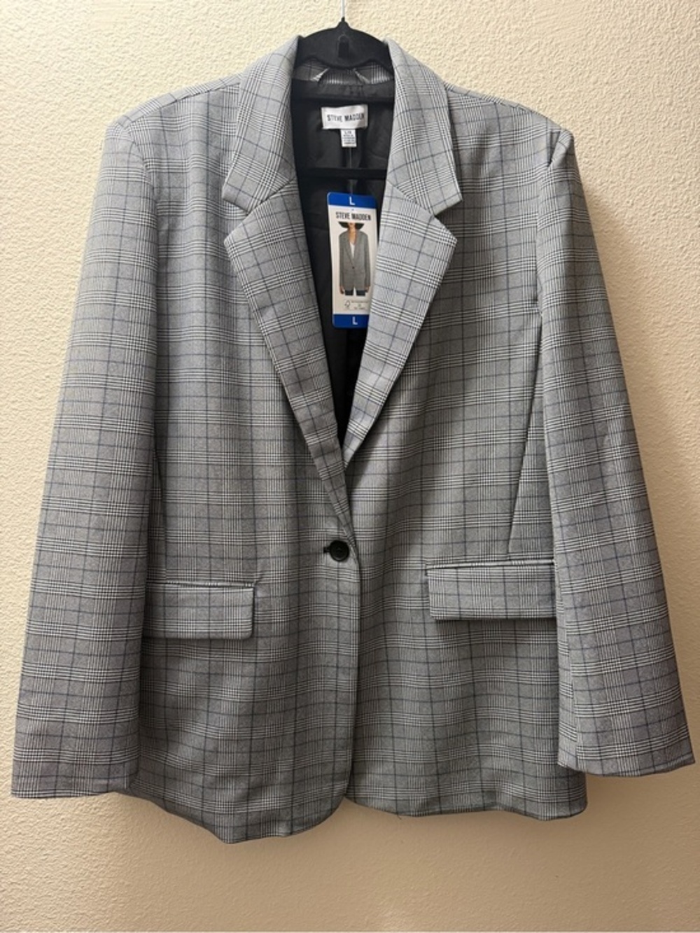 NWT Steve Madden Plaid Blazer Jacket L Womens Grey Check Oversized Casual Career